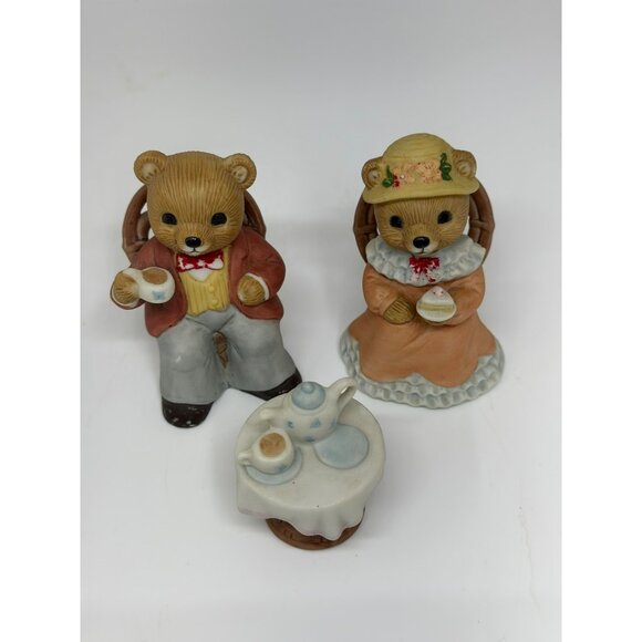VTG HOMCO Tea Time Bears Figurine Set | Ceramic Mr. & Mrs. Teddy Bears w/ Table - Picture 2 of 8